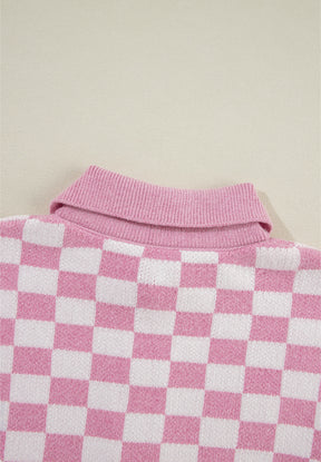 Checkered Collared Neck Long Sleeve Sweater-True and Wild