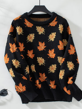 Maple Leaf Round Neck Long Sleeve Sweater-True and Wild