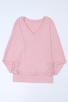 Lace Detail V-Neck Long Sleeve T-Shirt-True and Wild