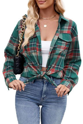 Green Plaid Chest Pocket Button Front Shirt-True and Wild