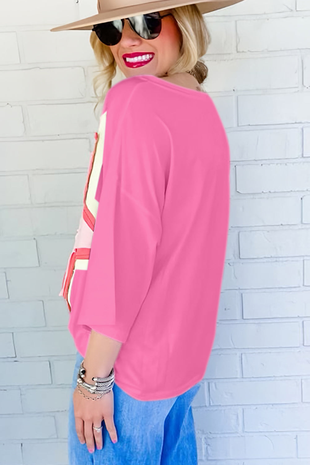 Moonlight Jade Colorblock Star Patched Half Sleeve Oversized Tee-True and Wild