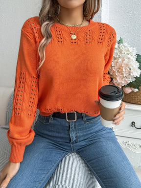 Openwork Round Neck Long Sleeve Sweater-True and Wild