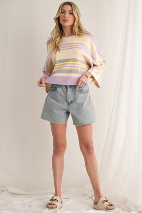 Purple Striped Rib-Knit Cropped Top-True and Wild