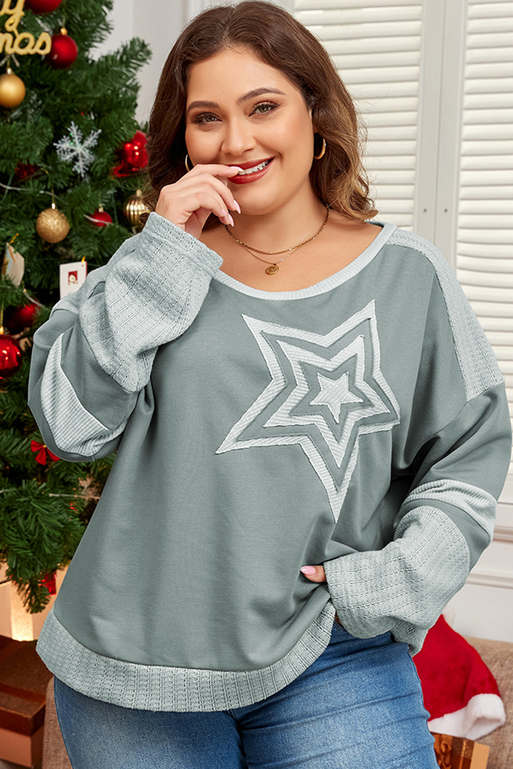 Mist Green Stars Patchwork Round Neck Plus Size Top-True and Wild