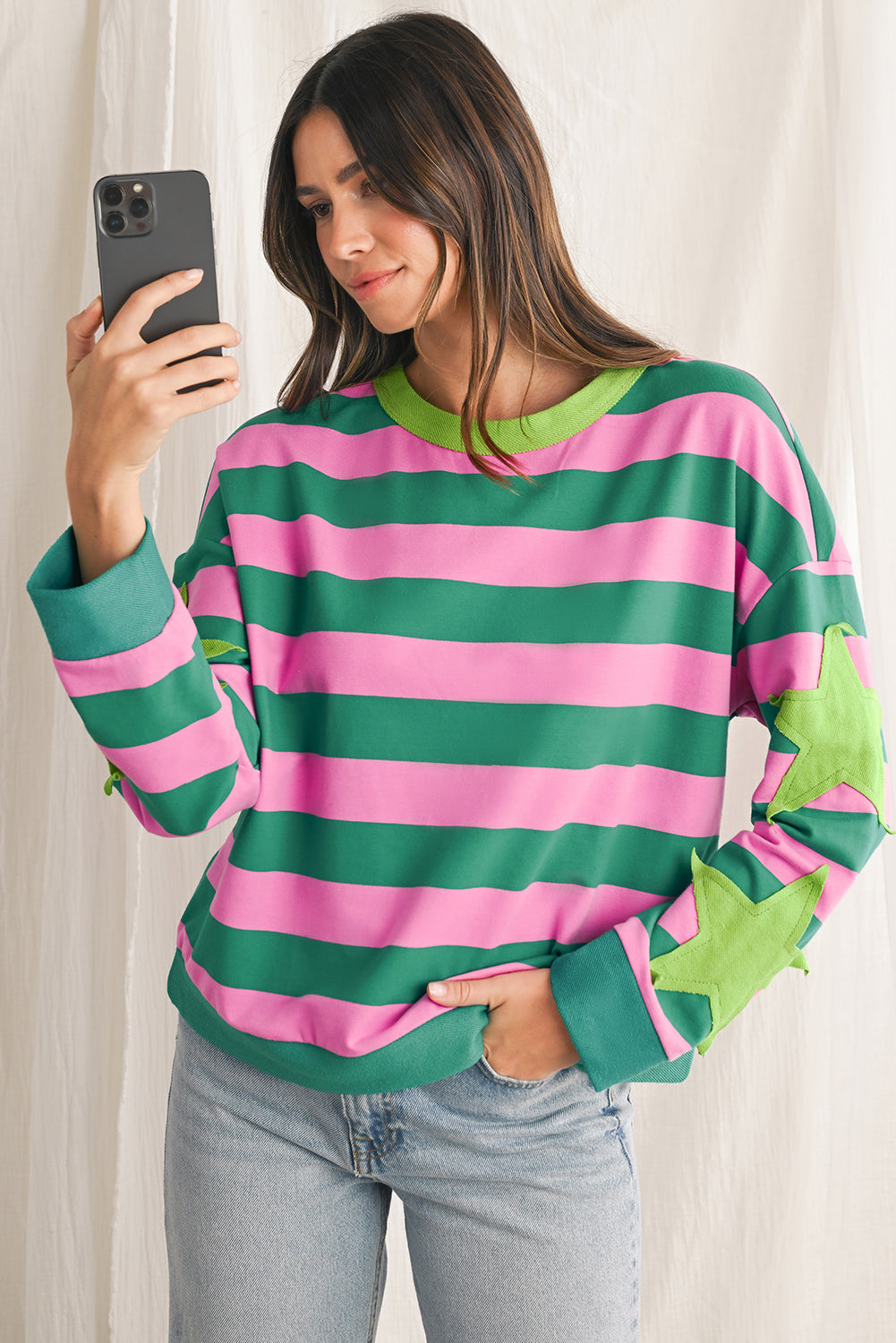 Pink Stripe Star Patchwork Round Neck Pullover Sweatshirt-True and Wild