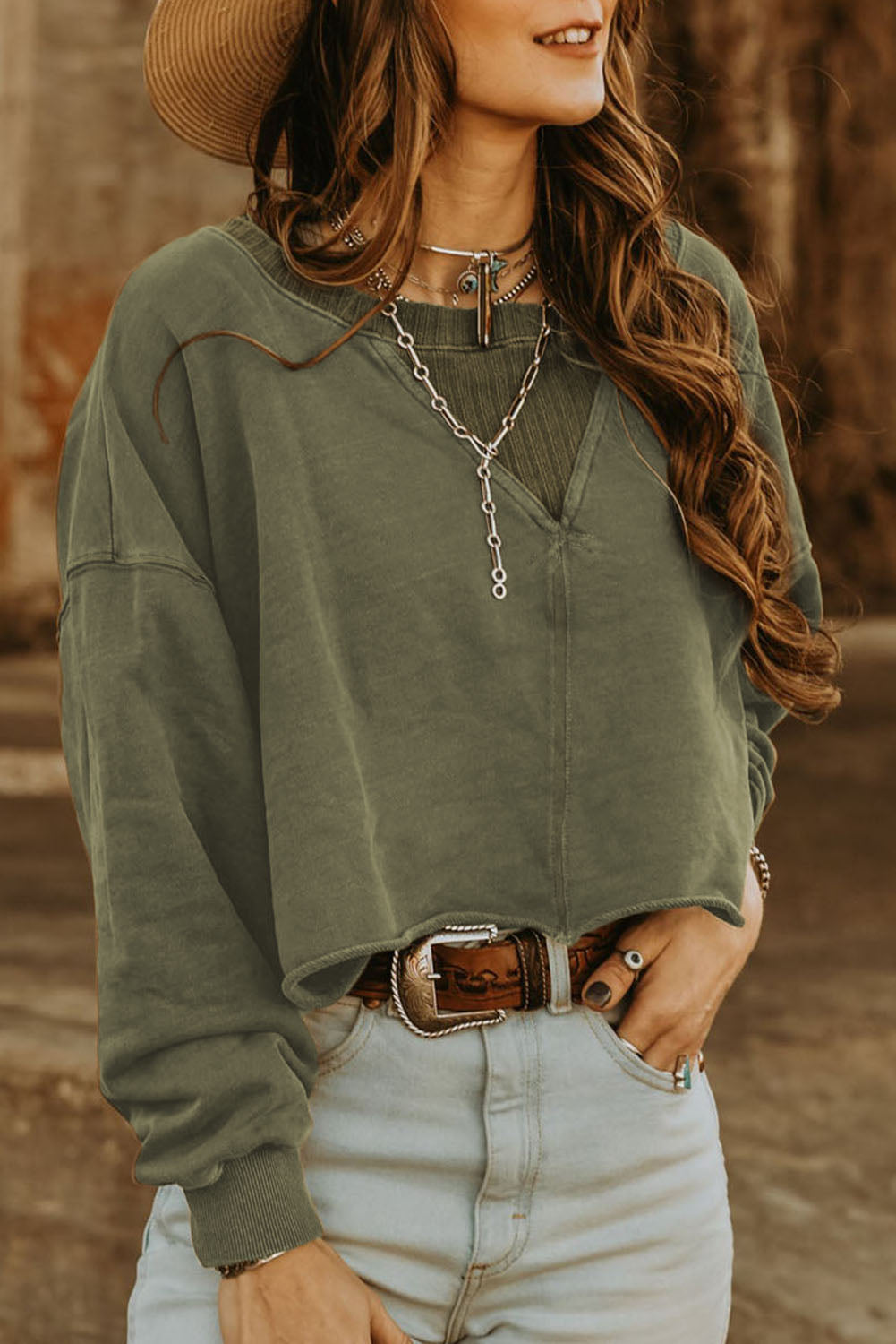 Green Casual Drop Shoulder Cropped Sweatshirt-True and Wild