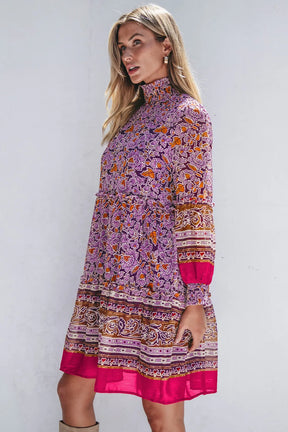 Smocked Floral Turtleneck Long Sleeve Dress