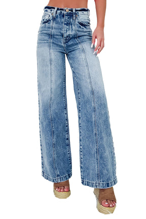 Dusk Blue Central Seamed Wide Leg High Waist Jeans-True and Wild