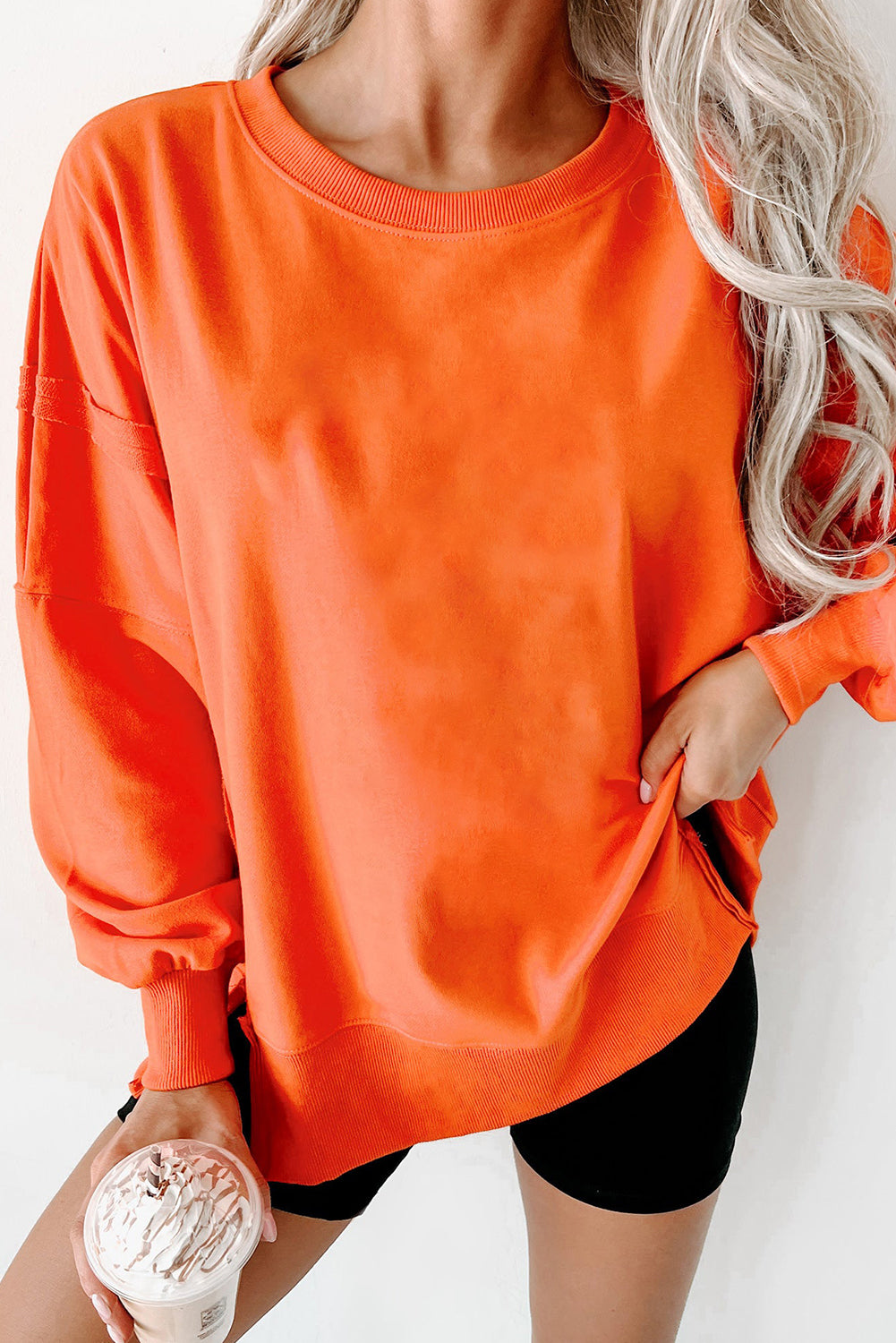 Carrot Exposed Seam Drop Shoulder Side Slit Sweatshirt-True and Wild