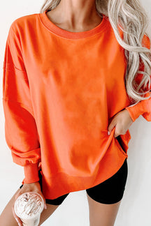 Carrot Exposed Seam Drop Shoulder Side Slit Sweatshirt-True and Wild