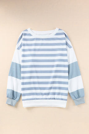 Blue Casual Striped Drop Shoulder Pullover Sweatshirt-True and Wild