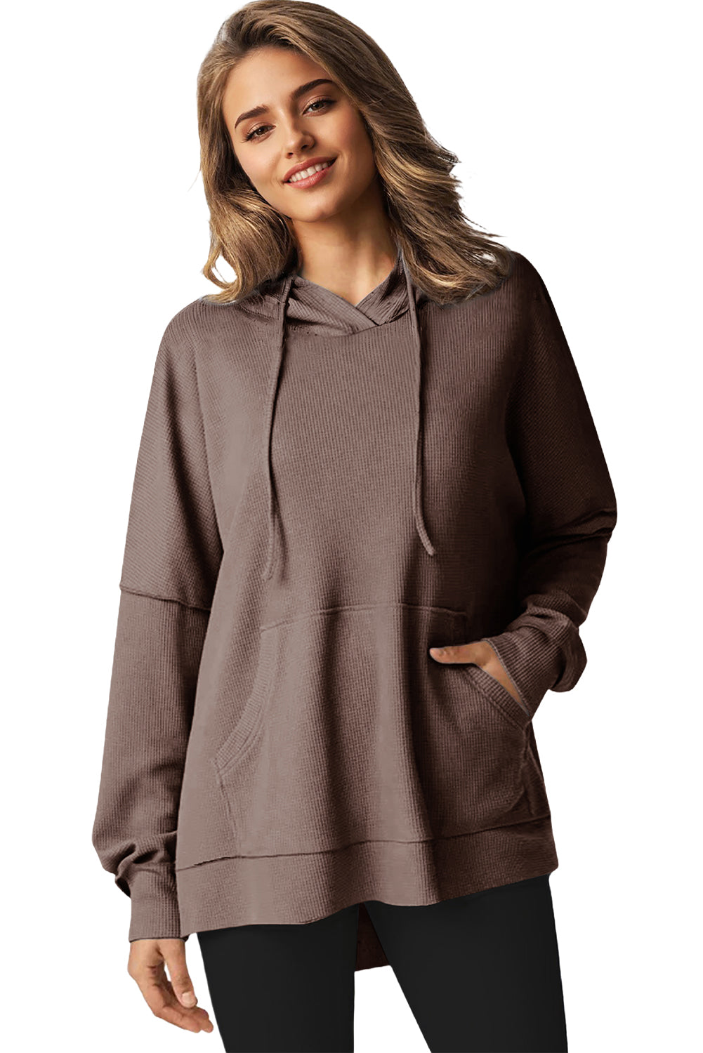 Coffee Waffle Knit High Low Oversized Hoodie-True and Wild