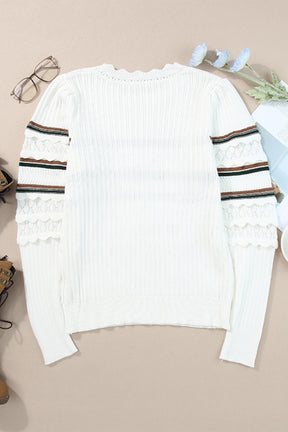 Striped Hollow Out Round Neck Long Sleeve Sweater