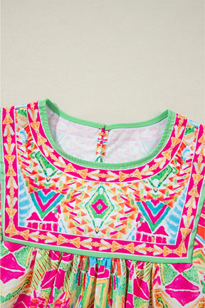 Orange Geometric Print Long Sleeve Keyhole Back Blouse-True and Wild