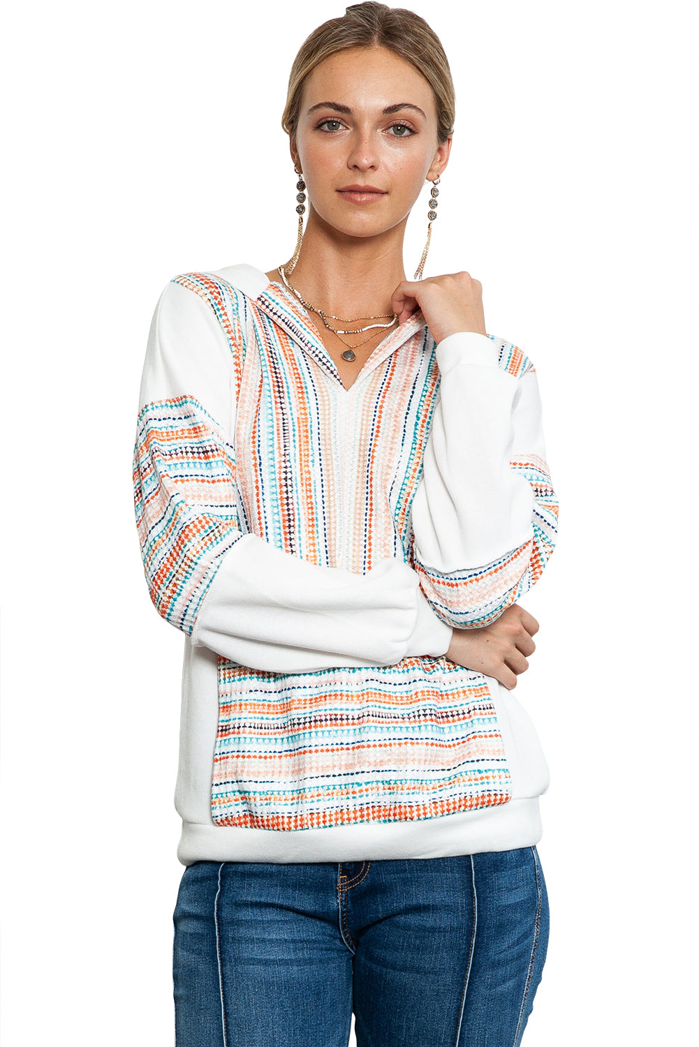 Multicolor V Neck Pullover Hoodie with Kangaroo Pocket-True and Wild