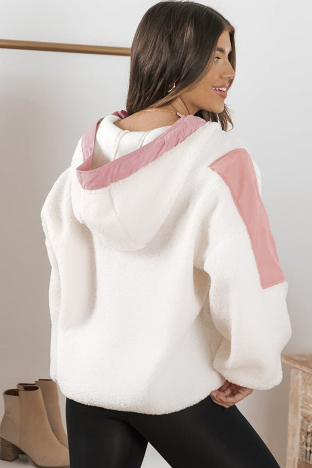 Pink Patchwork Half Zip Oversized Sherpa Hoodie-True and Wild