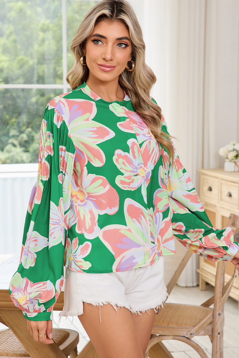 Green Floral Pleated Puff Sleeve Blouse-True and Wild