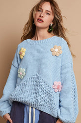 POL Crochet Flower Round Neck Dropped Shoulder Sweater-True and Wild