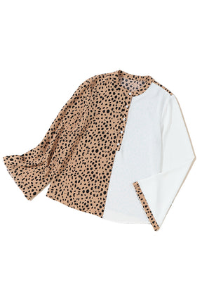 Khaki Leopard and White Patchwork Henley Blouse-True and Wild