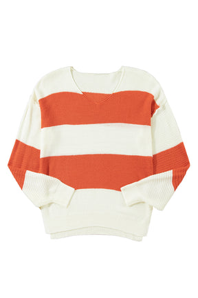 Orange Colorblock V Neck Side Slits Sweater-True and Wild