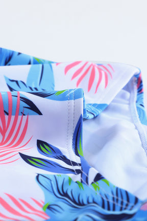 Blue Plant Print Zip Front Half Sleeve One Piece Swimsuit