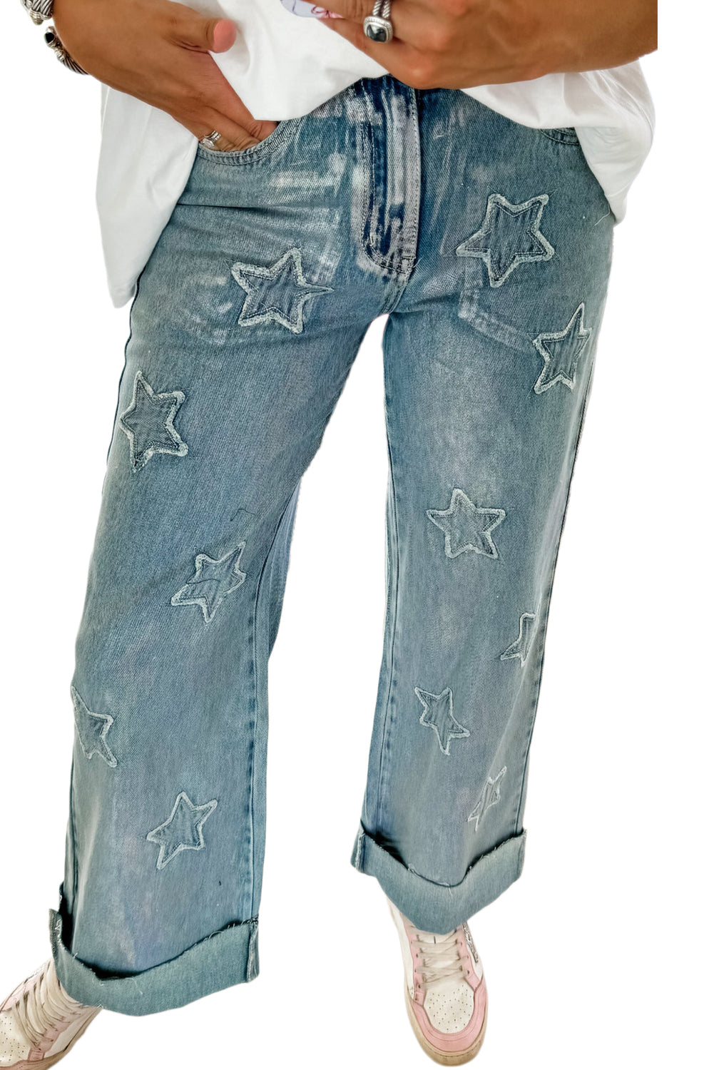 Dusk Blue Star Patched Straight Leg Loose Jeans-True and Wild