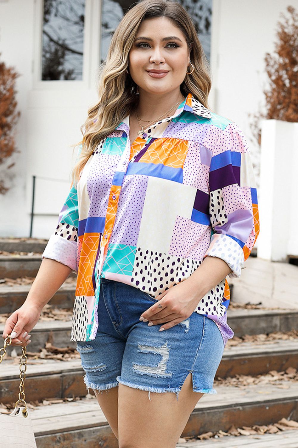 Plus Size Color Block Button Up Collared Neck Shirt