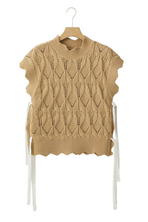 Light French Beige Hollowed Knit Scalloped Trim High Neck Sweater-True and Wild