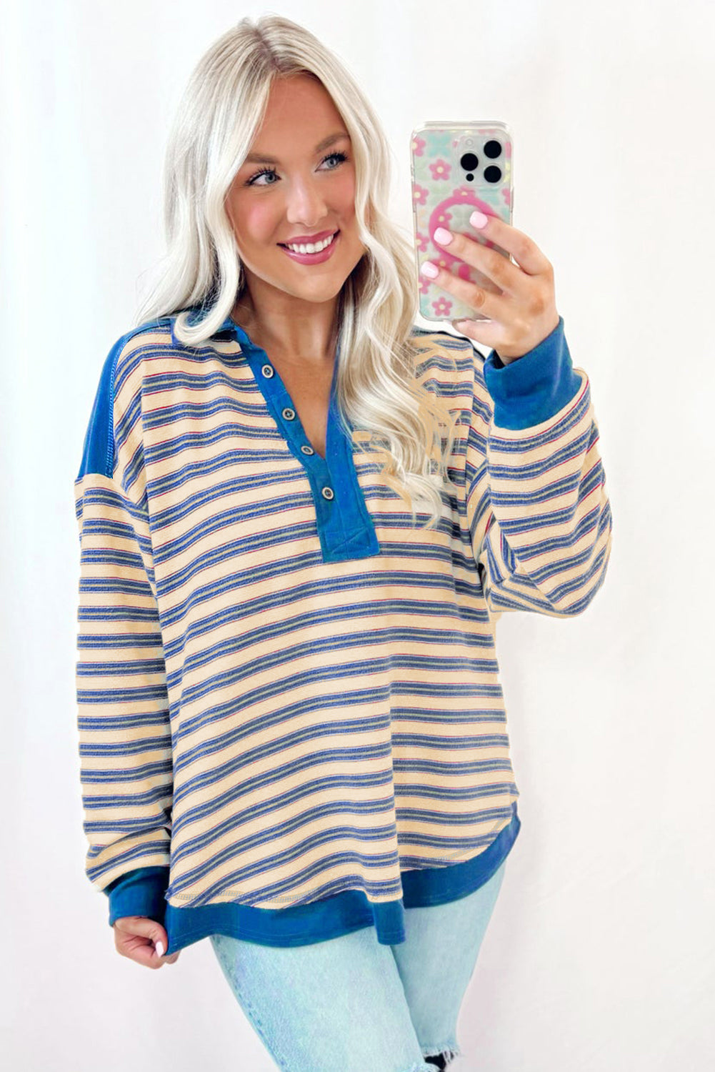 Blue Stripe Collared V Neck Drop Shoulder Top-True and Wild