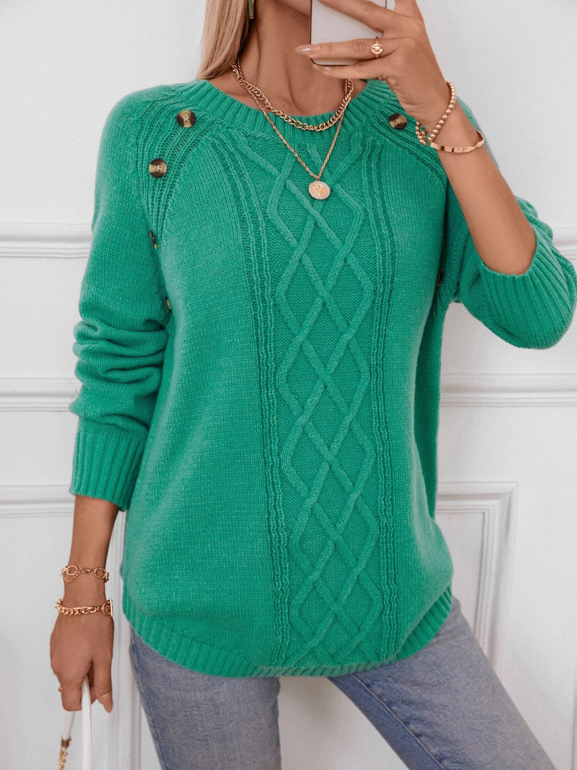 Decorative Button Round Neck Raglan Sleeve Sweater-True and Wild