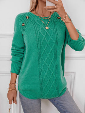 Decorative Button Round Neck Raglan Sleeve Sweater-True and Wild