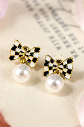 Black Checkered Bow Pearl Drop Earrings