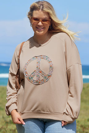 Pale Khaki Floral Peace Graphic Washed Plus Size Sweatshirt