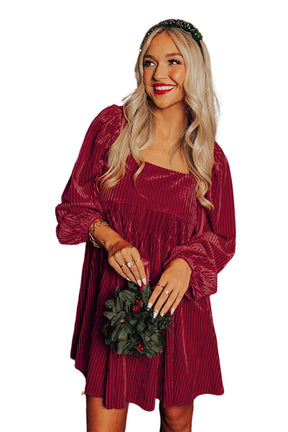 Red Square Neck Tie Back Ribbed Velvet Babydoll Dress-True and Wild