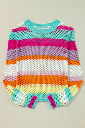 Rose Red Colorblock Striped Hollow Knitted Top-True and Wild