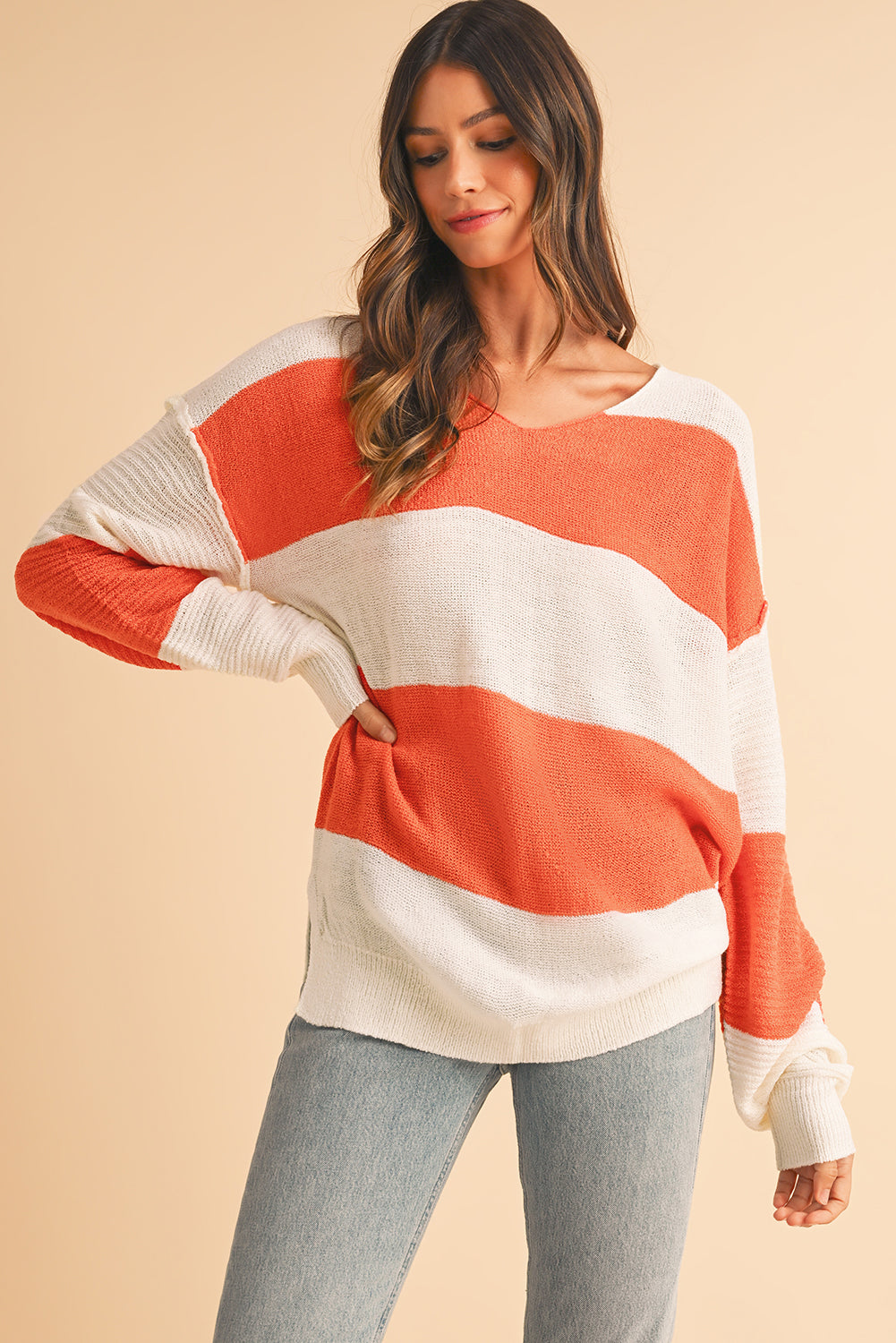 Orange Colorblock V Neck Side Slits Sweater-True and Wild