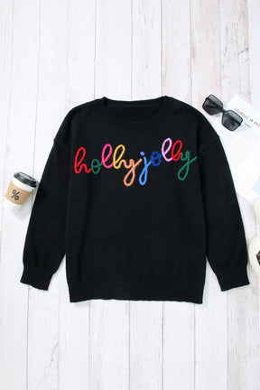 Black Holly Jolly Round Neck Casual Sweater-True and Wild