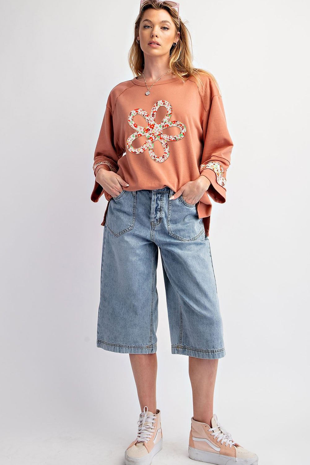 Grapefruit Orange Flower Exposed Seam Patchwork Loose Top-True and Wild