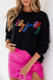 Black Holly Jolly Round Neck Casual Sweater-True and Wild