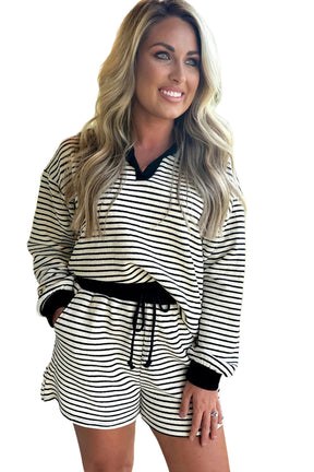 Black Stripe Collared Long Sleeve Top and Drawstring Shorts Set-True and Wild