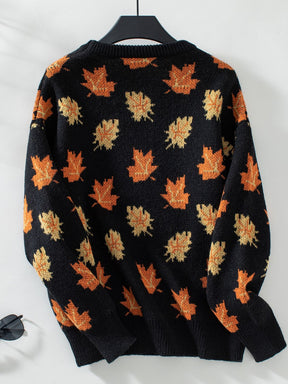 Maple Leaf Round Neck Long Sleeve Sweater-True and Wild