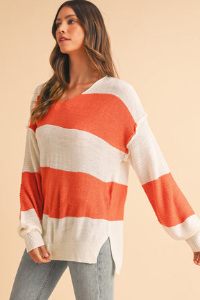 Orange Colorblock V Neck Side Slits Sweater-True and Wild