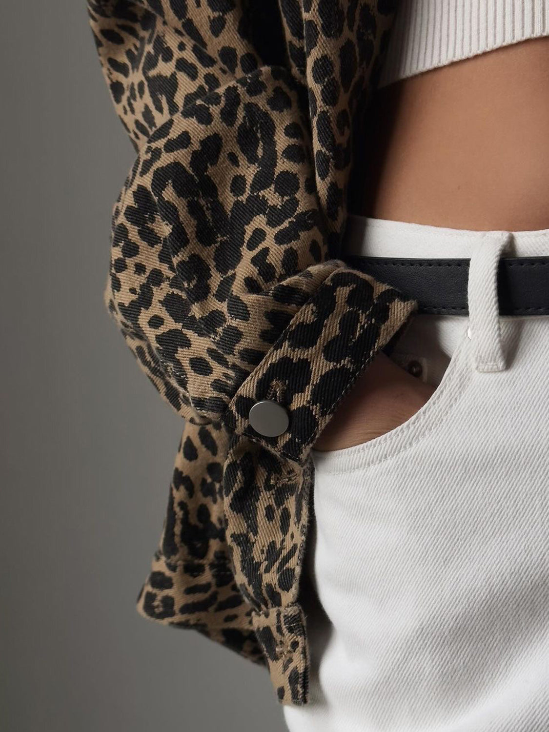 Leopard Button Up Long Sleeve Denim Top-True and Wild