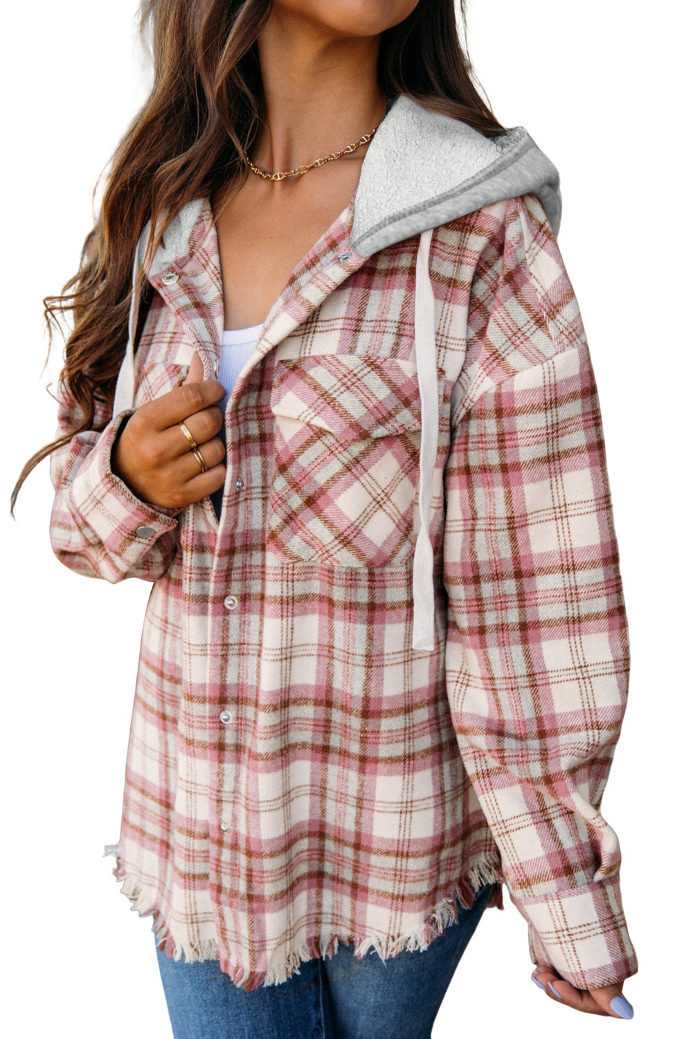 Multicolor Plaid Flap Pocket Hooded Raw Hem Shacket-True and Wild