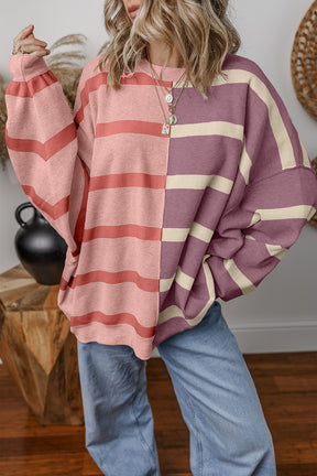 Light Beige Striped Colorblock Drop Shoulder Sweater-True and Wild