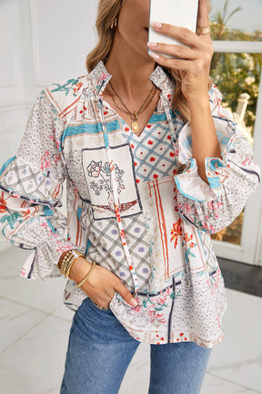 Multicolour Floral Plaid Patchwork Puff Sleeve Blouse-True and Wild