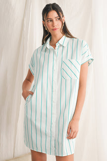 Mint Green Striped Pocket Short Sleeve Mini Dress-True and Wild