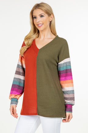 Celeste Full Size Contrast Striped V-Neck Long Sleeve Blouse-True and Wild