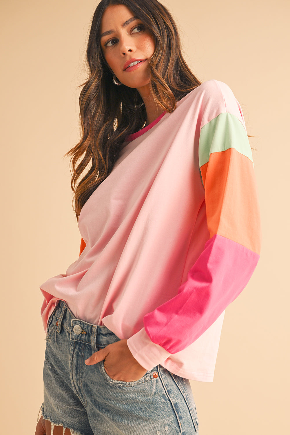 Rose Red Color Block Sleeve Loose Fit Top-True and Wild