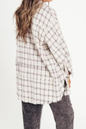 Exposed Seam Plaid Collared Neck Long Sleeve Shirt-True and Wild